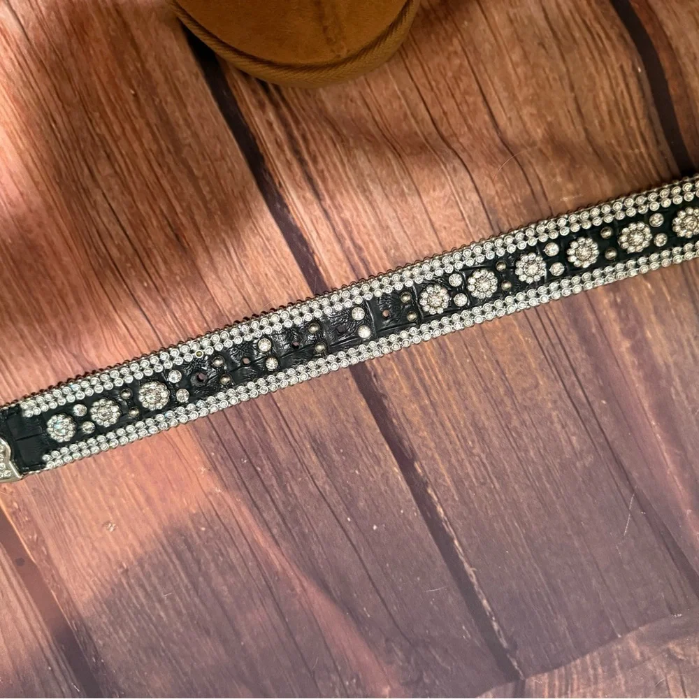 Western Rhinestone Belt-Black genuine leather crystal studded belt 39”long.